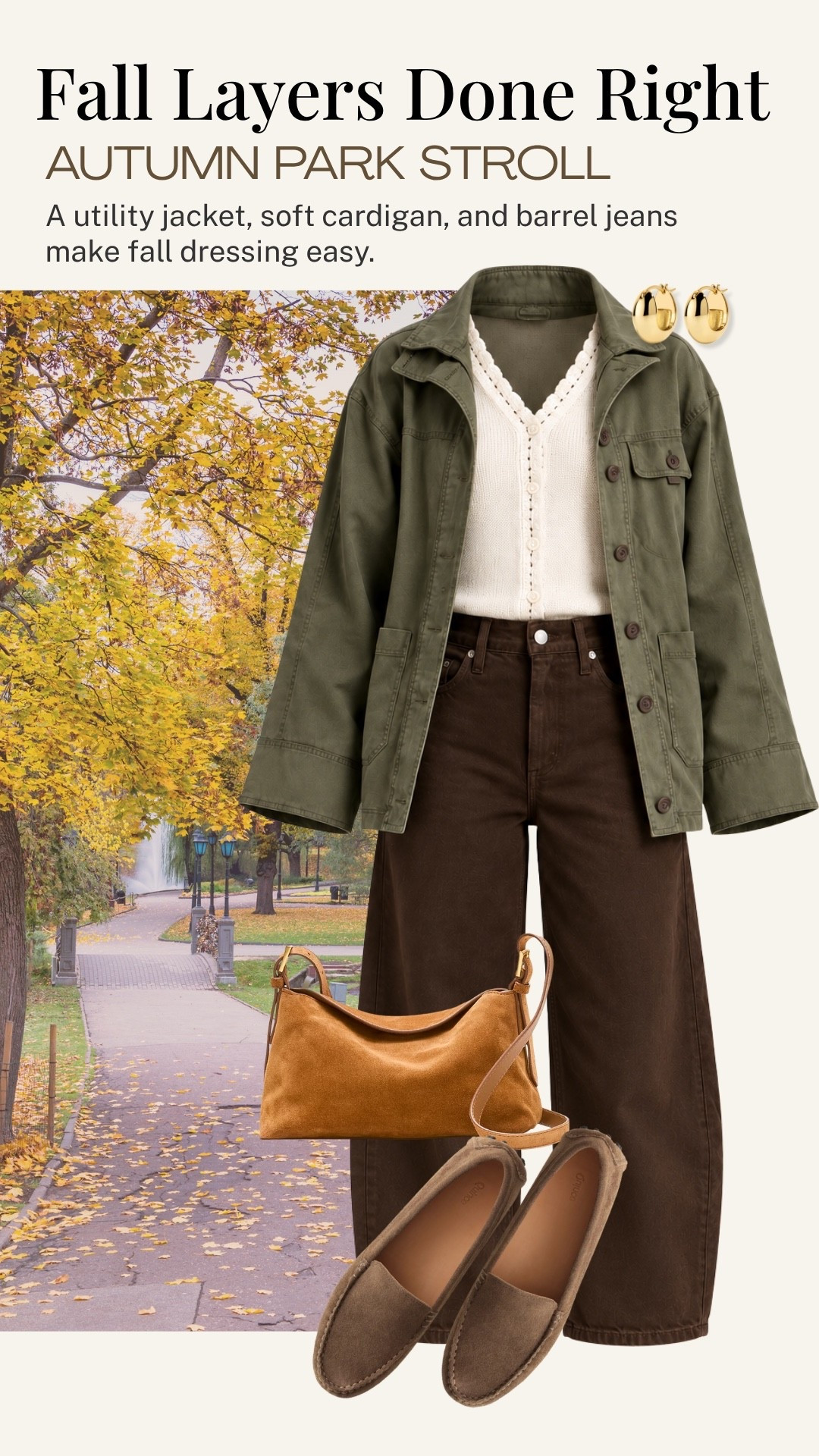 This is such an easy fall layering formula: a utility jacket over a soft cream cardigan with brown barrel jeans and suede loafers. The olive, cream, and rich brown combination feels polished without being fussy—perfect for a park stroll, errands, or a casual lunch.

#LTKootd #LTKOver40 #LTKSeasonal
