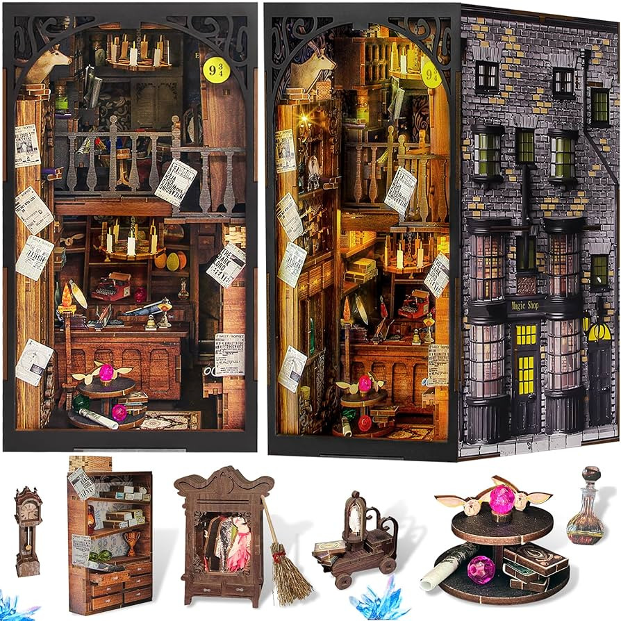 DIY Book Nook Kit, 3D Wooden Puzzle Miniature Booknook Bookend Bookshelf Decor with LED Light, Du... | Amazon (US)