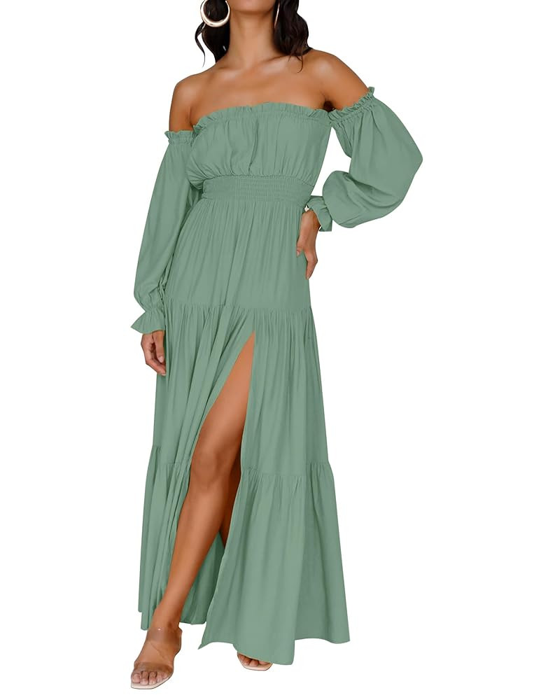ZESICA Women's 2025 Boho Sexy Off Shoulder Long Sleeve Smocked High Waist Side Split Flowy A Line... | Amazon (US)