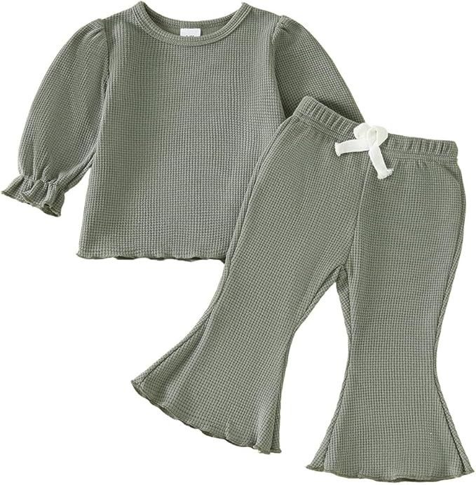 Baby Girl Fall Outfit Toddler Girl Winter Clothes Baby Lantern Sleeve Top and Flared Pant 2-Piece... | Amazon (US)