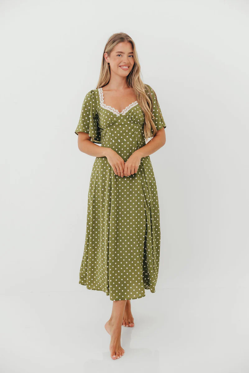 Mindy Flutter Sleeve Polka Dot Midi Dress in Olive *9/30 PRE-ORDER* | Worth Collective