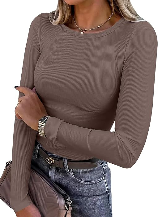 ANRABESS Women Long Sleeve Shirts Ribbed Fitted Tops | Amazon (US)
