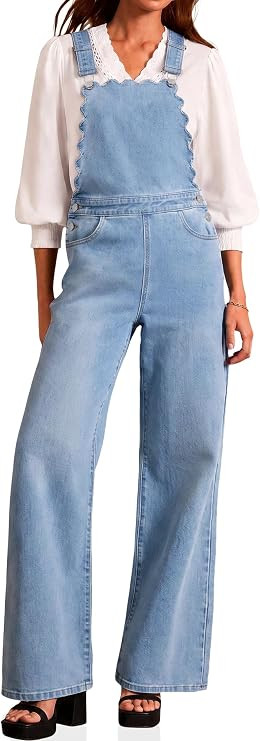 Womens Denim Overalls Scalloped Wide Leg Straight Jean Jumpsuits | Amazon (US)