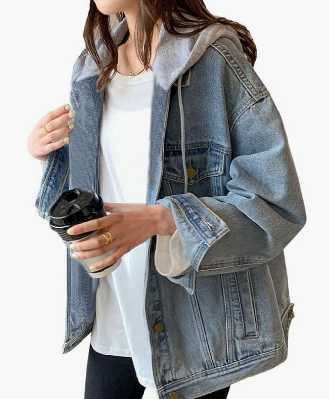 LifeShe Women's denim jacket with hood oversized distressed jean jackets hoodie womens outfit ideas casual jean jacket 

 