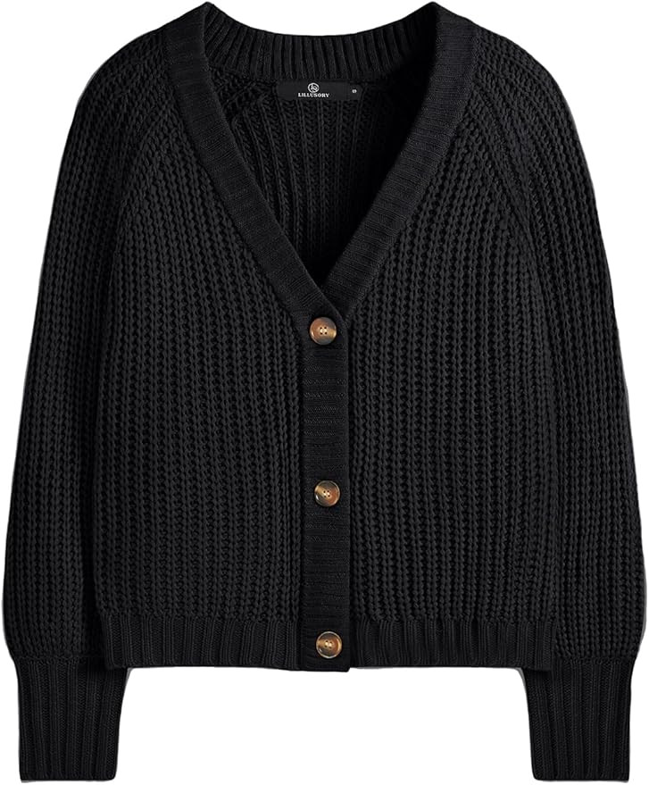 LILLUSORY Women's Chunky Cropped Oversized Cardigan Sweater V Neck Knit Cute Fall Casual Fashion ... | Amazon (US)