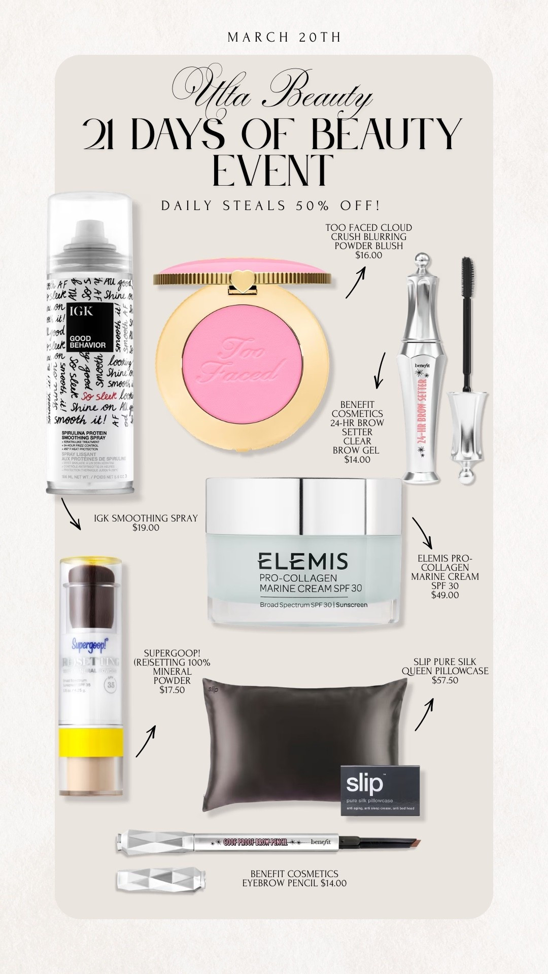 Ulta Beauty 21 days of Beauty Event is happening right now under 3/26! Get 50% off of daily steals! 

Ulta Beauty, Sale Alert, 21 DOB, 21 Days of Beauty, 21 Days of Beauty Event, Beauty, Makeup, Skincare, Haircare, Sale, Emily Ann Gemma

#LTKBeauty #LTKSaleAlert #LTKSpringSale