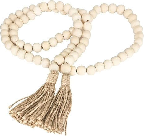 58in Wood Bead Garland Farmhouse Beads, Wood Garland with Tassels, Natural Prayer Beads Boho Bead... | Amazon (US)