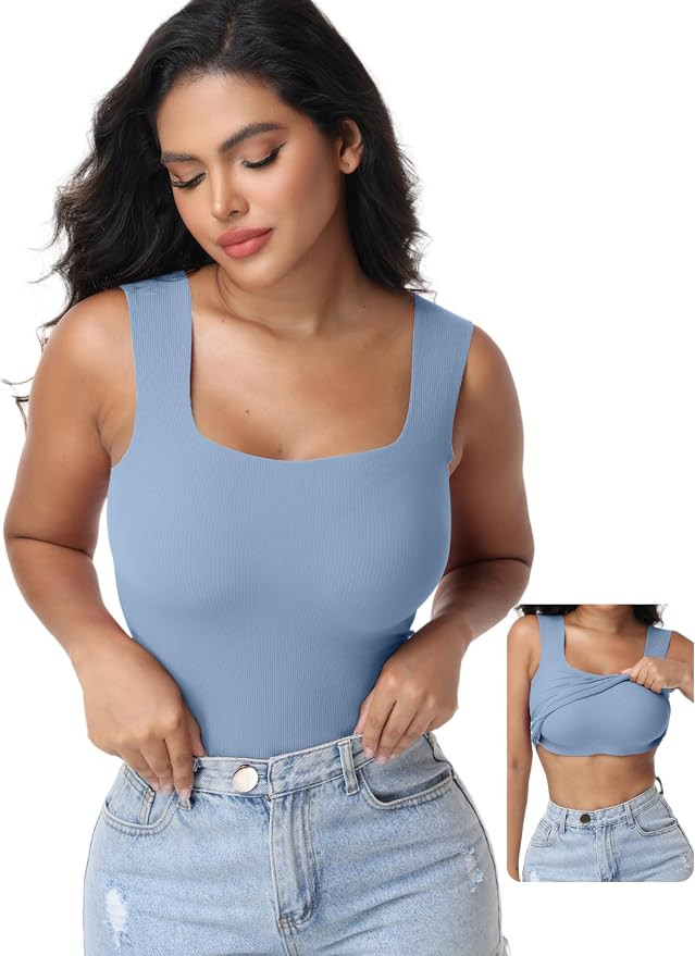 Women's Built-in Bra Tank Top Ribbed Slim Fit Summer Wirefree Shelf Padded Tank Shirts Wide-Strap... | Amazon (US)