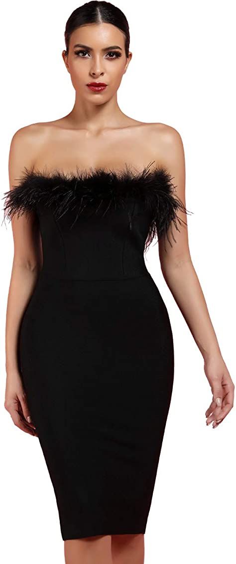 whoinshop Women's Sexy Off Shoulder Feather Bandage Evening Club Party Dress | Amazon (US)