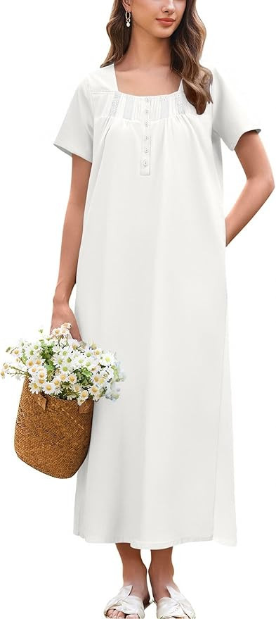 Ekouaer Cotton Nightgowns for Women Short Sleeve Sleepshirt Ladies Victorain Sleepwear Gown Soft ... | Amazon (US)