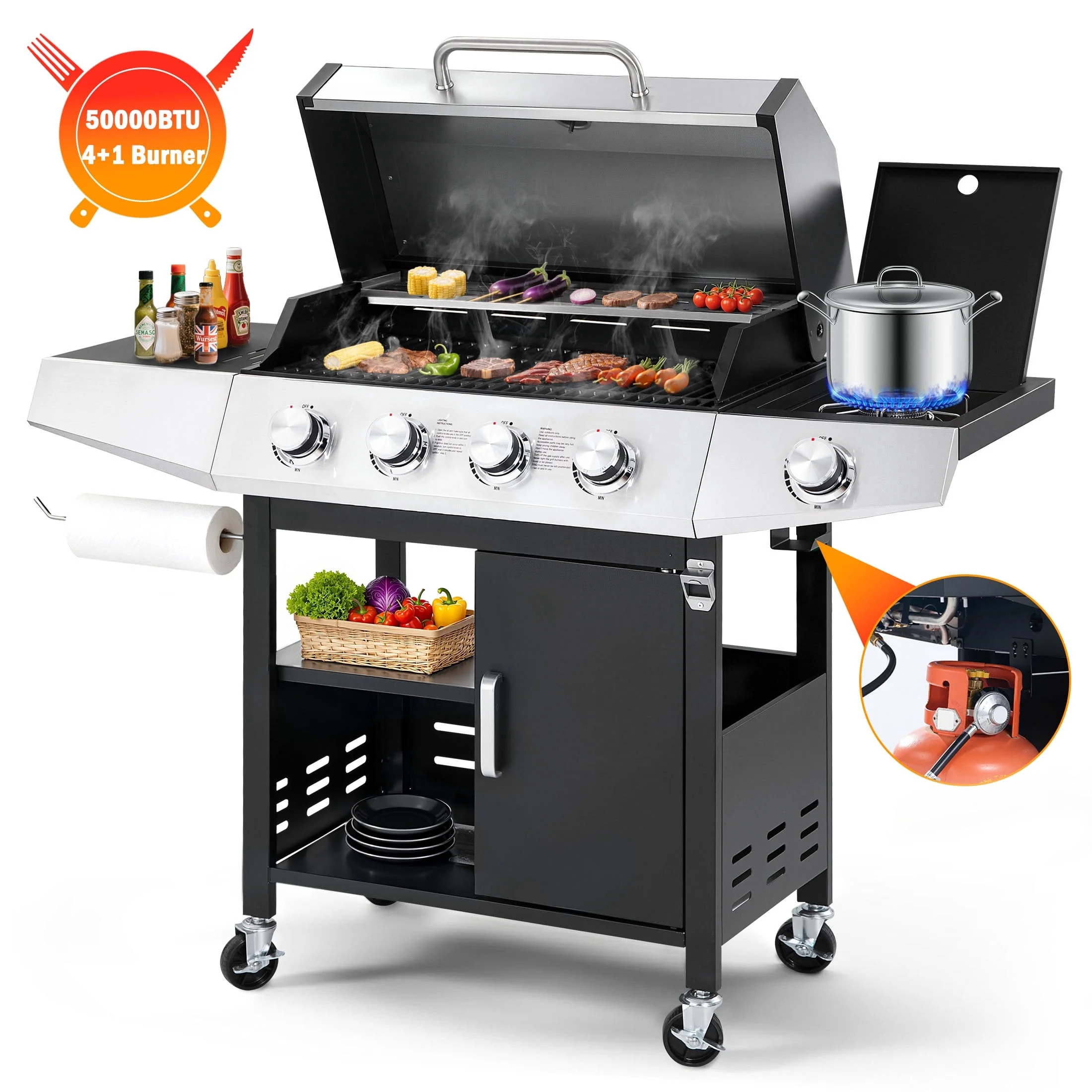 Segmart 4 Burner BBQ Propane Gas Grill with Side Burner, Stainless Steel 50,000 BTU Patio Barbecue Grill with Shelf, Gas Tank Hook, Towel Rack & Bottle Opener, Fits for Camping, Outdoor Cooking | Walmart (US)