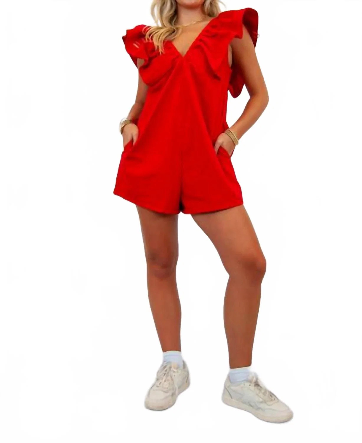 Biggest Fan Denim Romper In Red | Shop Simon