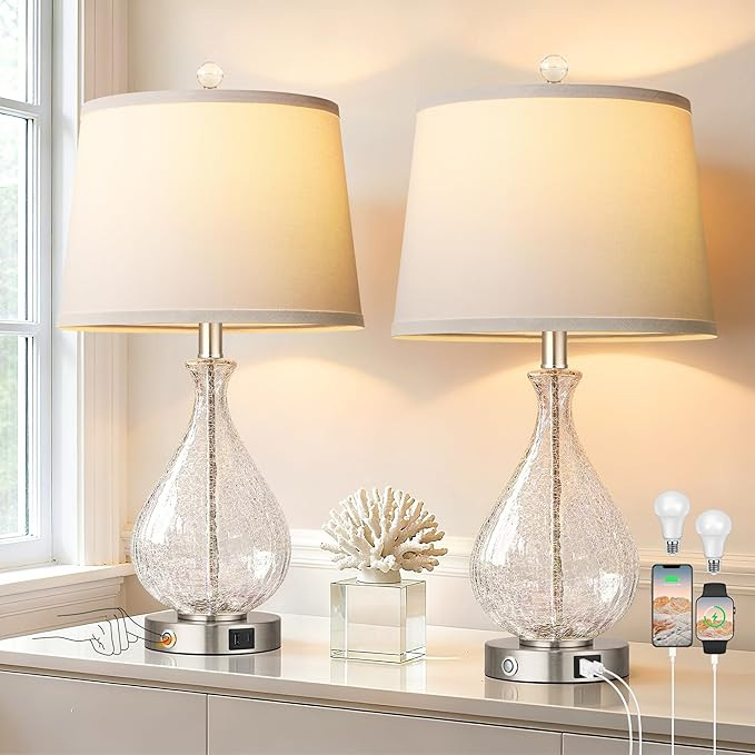 QiMH Glass Table Lamps for Living Room, Bedside Lamps Set of 2 with USB A+C Charging Ports, 3 Way... | Amazon (US)