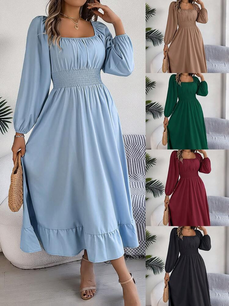 Actual Photo Spring/Summer Elegant Square Neckline Gathered Waist Ruffle Hem Dress | SHEIN
