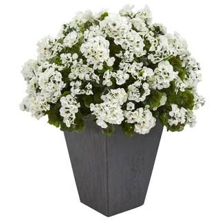 Nearly Natural Indoor/Outdoor UV Resistant White Geranium Artificial Plant in Slate Plater 6499-W... | The Home Depot