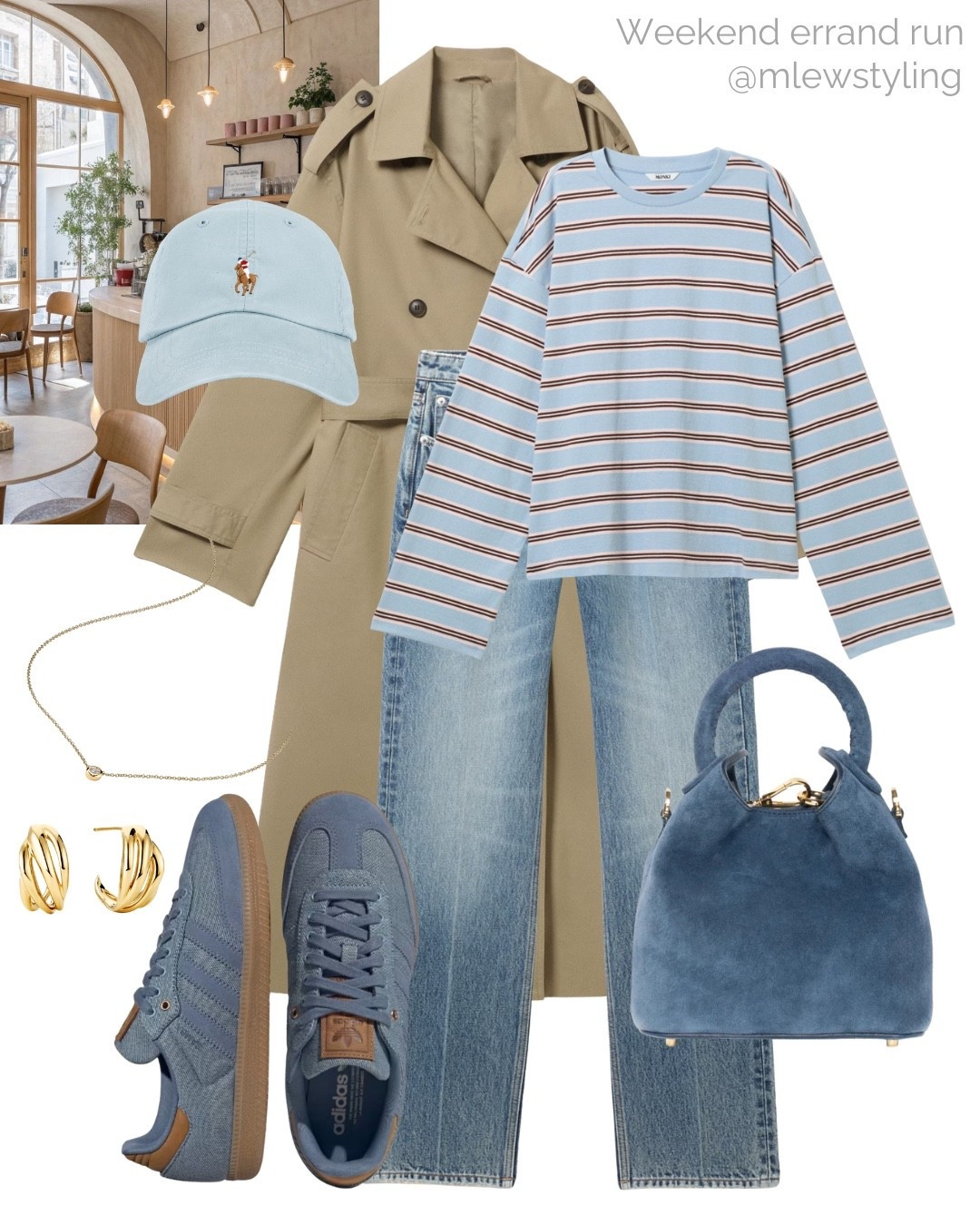 Weekend errand run 🩵

Tags: early spring outfit, late winter fashion, beige trench coat, striped long sleeved tee, Elleme blue suede bag, adidas denim Spezial sneakers, polo Ralph Lauren baseball cap, capsule wardrobe 

#LTKSeasonal #LTKootd #LTKgrwm