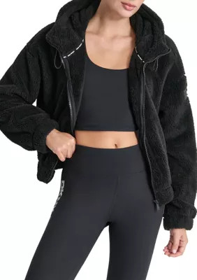 DKNY Sport Women's Sherpa Full Zip Hooded Jacket with Pockets, Black, XL | Belk