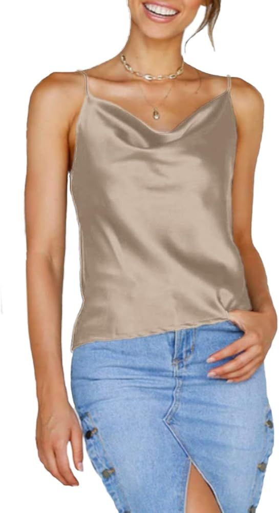 Famulily Women Cowl Neck Silky Cami Tank Top Soft Summer Strappy Camisole Crop Top | Amazon (CA)