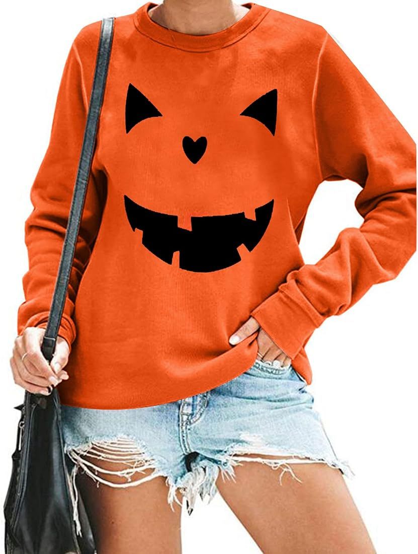 Women's Halloween Pumpkin Face Long Sleeve Sweatshirts Lightweight Casual Pullover Tops | Amazon (US)
