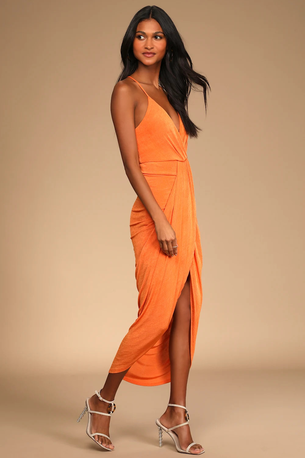 Dreamy Date Orange Surplice Midi Dress | Lulus