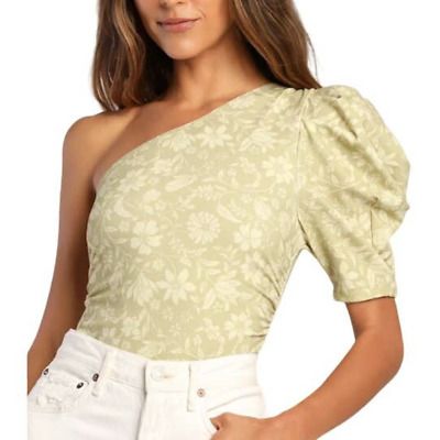Free People Somethin Bout You Green Floral Puff Sleeve One-Shoulder Bodysuit XL | eBay US