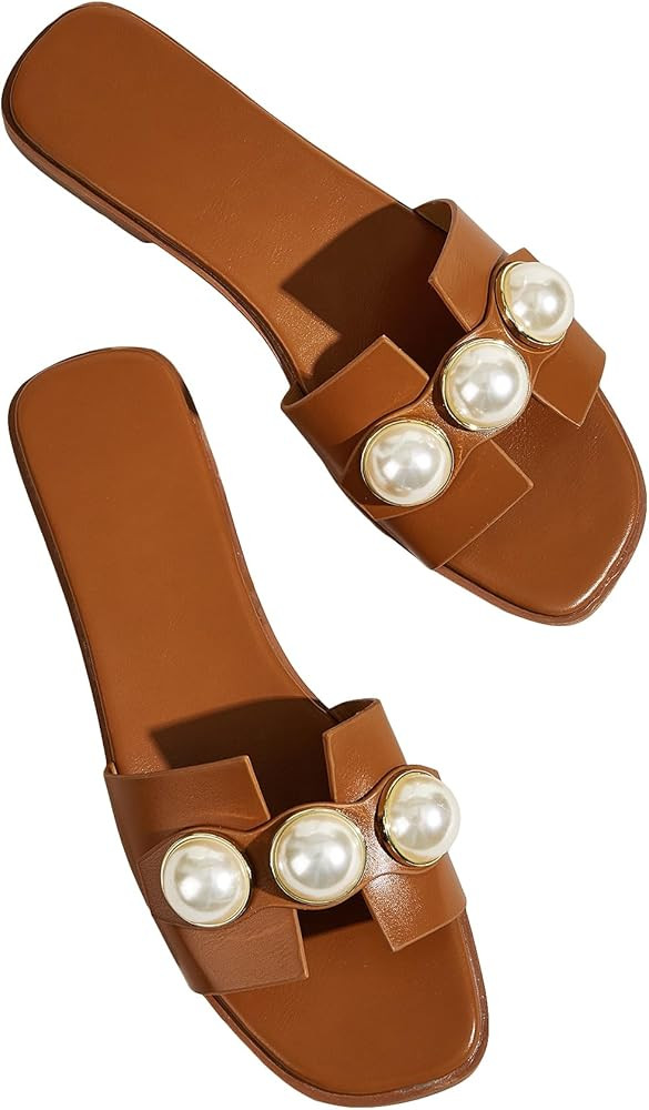 Verdusa Women's Flat Sandals Pearl Sandals Square Toe Summer Slip On Flat Shoes | Amazon (US)