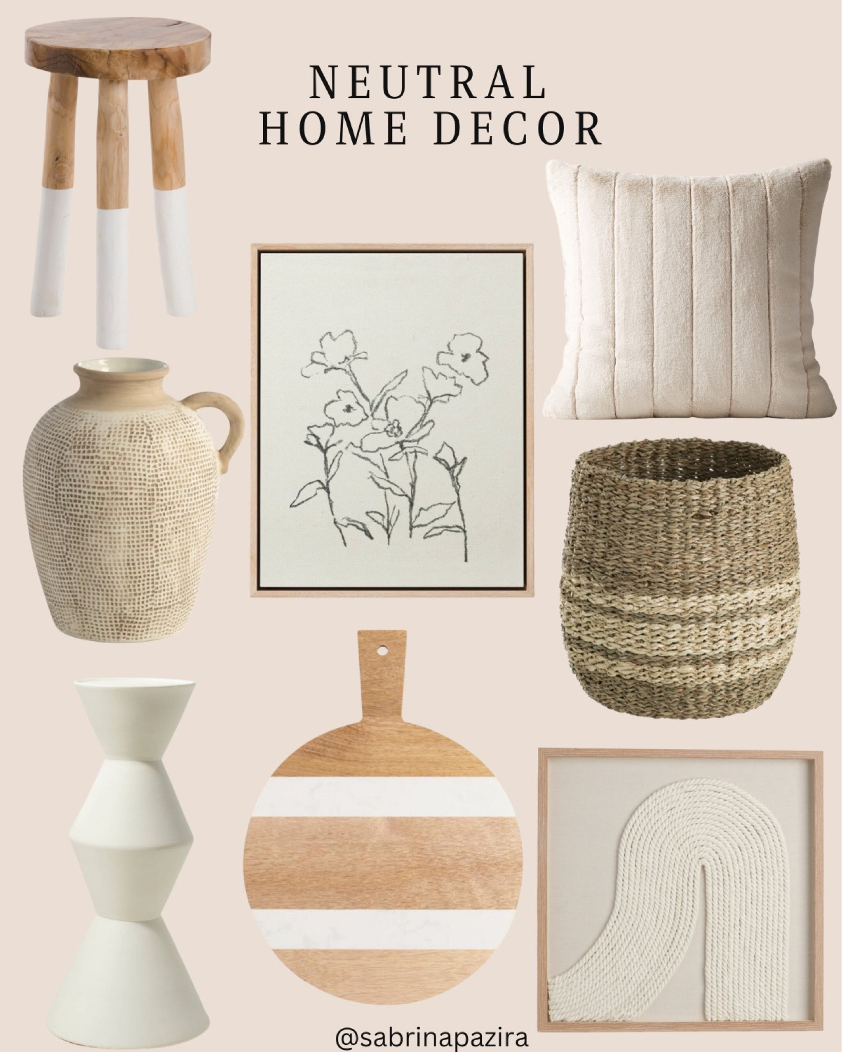 Neutral home decor, wooden stool, vase, jug, throw pillow, basket, wall art, wall decor, wooden board, cutting board, plant pedestal 

#LTKhome #LTKunder100 #LTKSeasonal