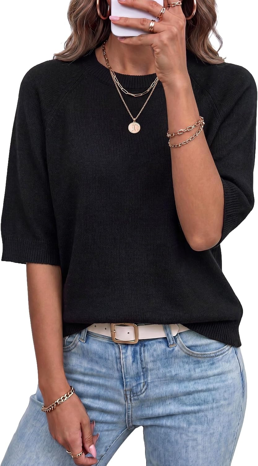 Arach&Cloz Women's Cashmere Wool Blend Elbow Sleeve Sweater Relaxed Fit Top | Amazon (US)
