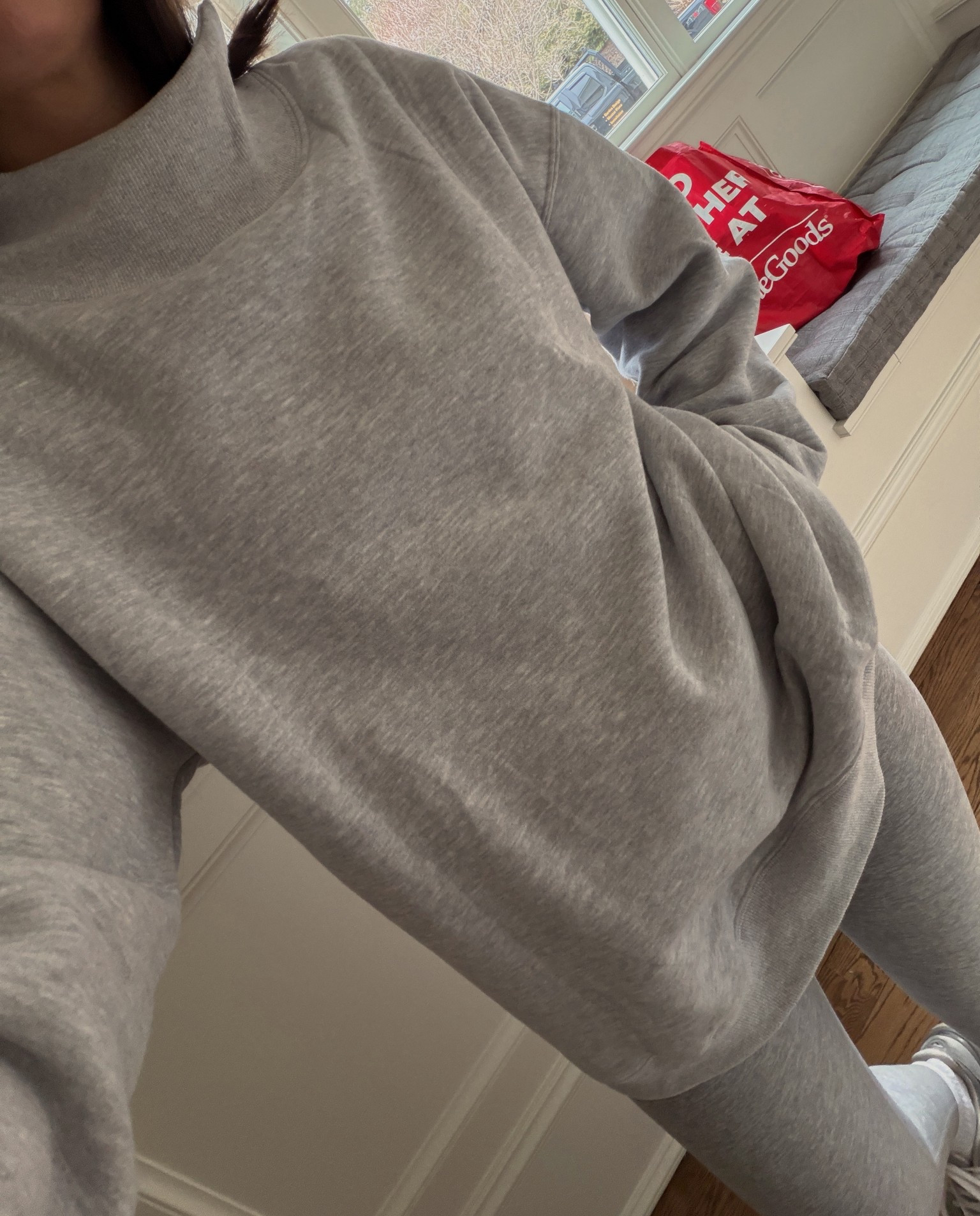 Amazon mock neck sweatshirt 
Wearing a size Large - sized up for an oversized fit 