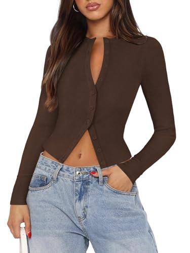 Pungdra Womens Ribbed Button Down Long Sleeve Top Knit Button Up Fitted Cardigans Cropped Cute Fall Going Out Tops for Women Brown Medium | Amazon (US)