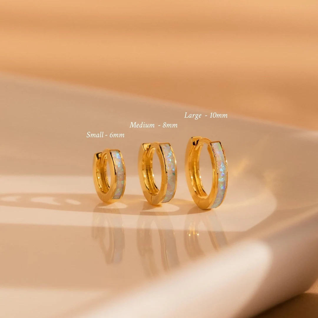 Opal Huggie Earrings by Caitlyn Minimalist • Opal Inlay Hoops in White, Blue & Green • Dainty... | Etsy (US)