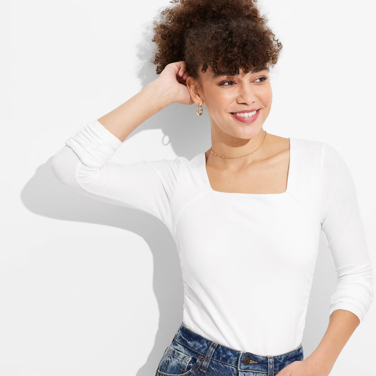 Women's Long Sleeve Ruched Square Neck Top - Wild Fable™ Black M | Target