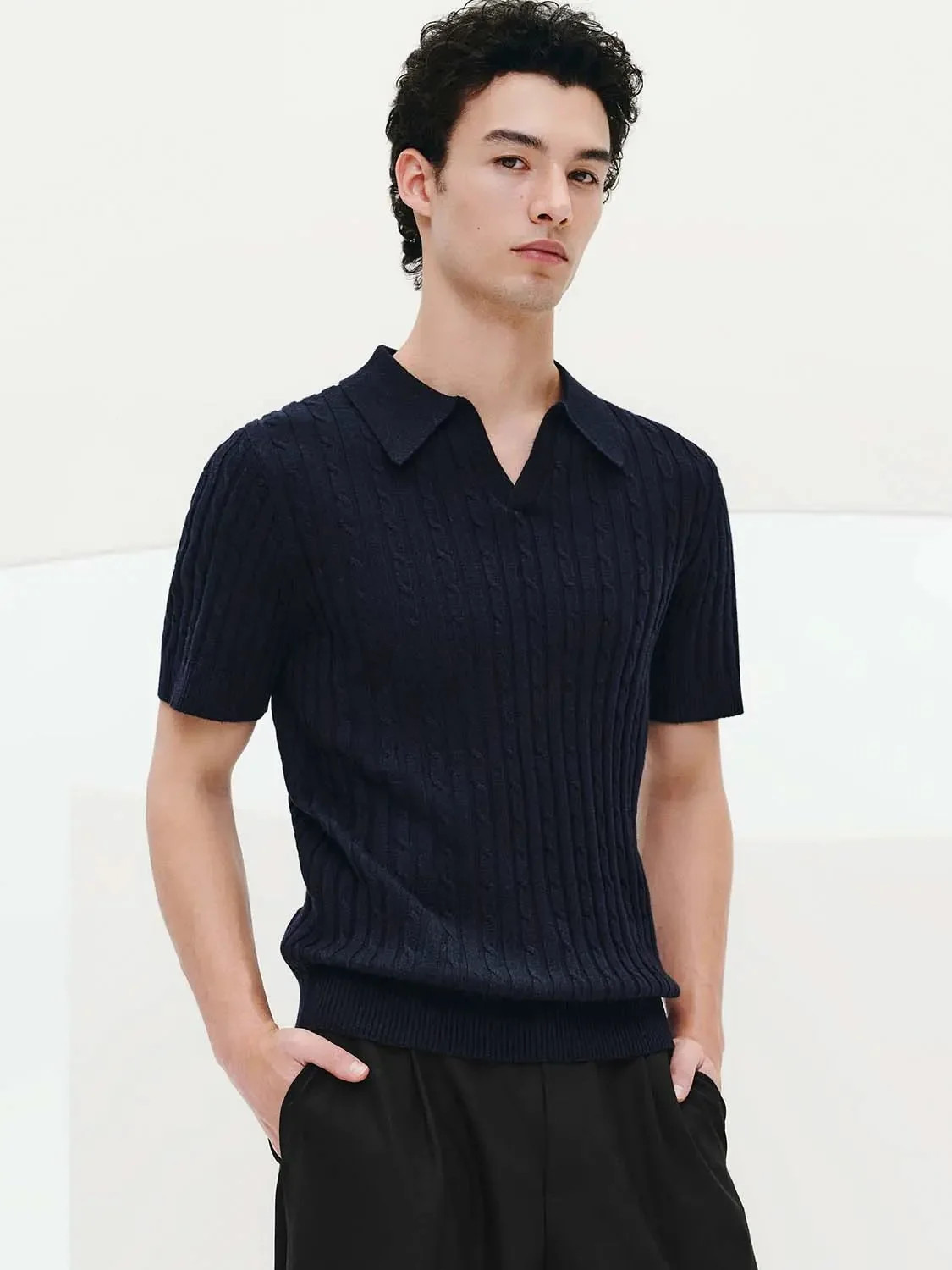 Ribbed Cable Knit Polo With Short Sleeves | Urban Revivo