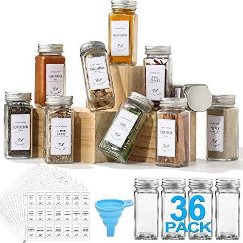 AOZITA 36 Pcs Glass Spice Jars with White Printed Spice Labels - 4oz Empty Square Spice Bottles - Sh | Amazon (US)