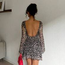 Women's Summer Sexy Leopard Print Backless Mesh Dress With Flare Sleeves | SHEIN