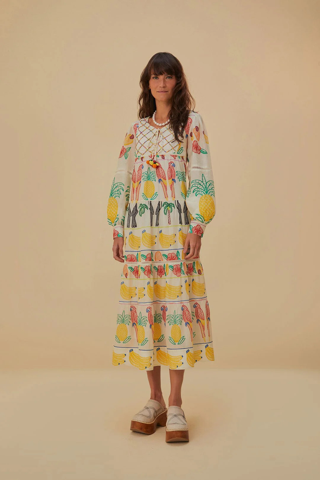 Off-White Tropicolors Yoke Embroidered Midi Dress | FarmRio (US)