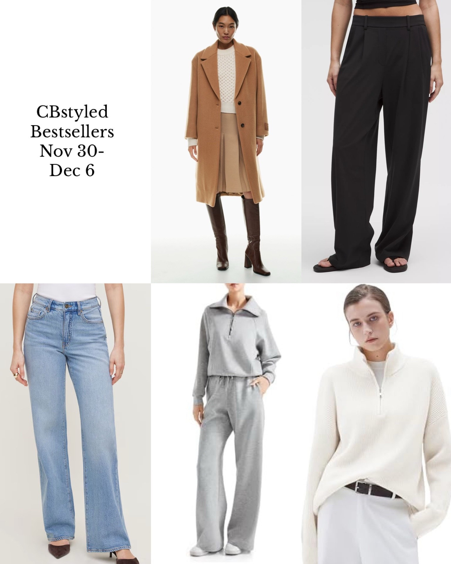 Bestsellers Nov 30-Dec 6! I’m 5’ 7”, size 4ish: 
1. Camel coat: two years ago I did a deep dive on camel coats and tried on ten coats, this was the winter by far! Really good quality and fit, timeless style. On sale (log in to see the price). Fits tts.
2. Lululemon stretchy pants: stretchy pull on pants that are super comfortable but look like dress pants. 11 colours. I got black last fall and recently bought brown (color name sequoia). Fit tts, I’m 5’ 7” wearing my usual size S in the 31.5” inseam, also available in short and tall inseams.
3. Lounge set: 24% off! Super similar to the Spanx AirEssentials sets but with pockets. Also way less expensive. Fit tts.
4. Wide leg jeans:  I’ve had these jeans a few years and love the style. My most worn jeans for sure! Fit tts
5. 1/4 zip: Cashmere blend and so cozy! Fits tts, several colours. 


#LTKootd #LTKFindsUnder100 #LTKOver40