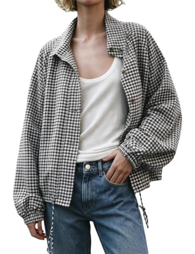 Aimiray Womens Plaid Cropped Jackets Lightweight Gingham Coat(Black-S) | Amazon (US)