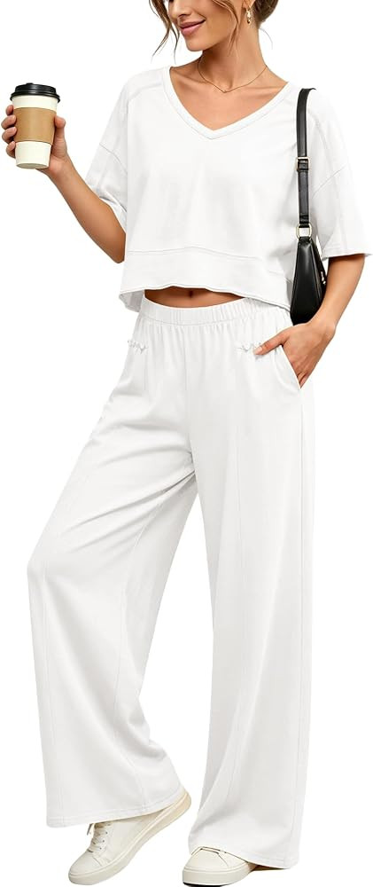 Panadila Women's 2 Piece Lounge Set V Neck Crop Top Wide Leg Pants | Amazon (US)