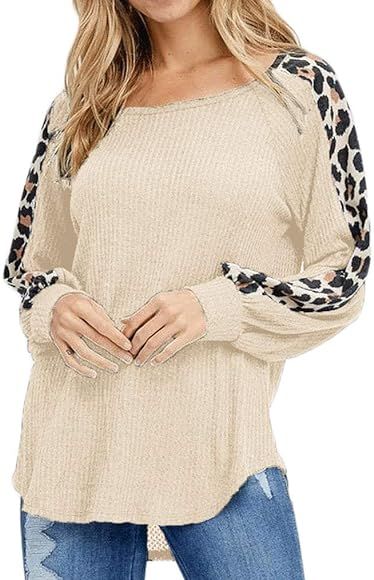 Women's Waffle Knit Tops Leopard Print Tunic Casual Raglan Long Sleeve Sweater Shirts Pullover | Amazon (US)