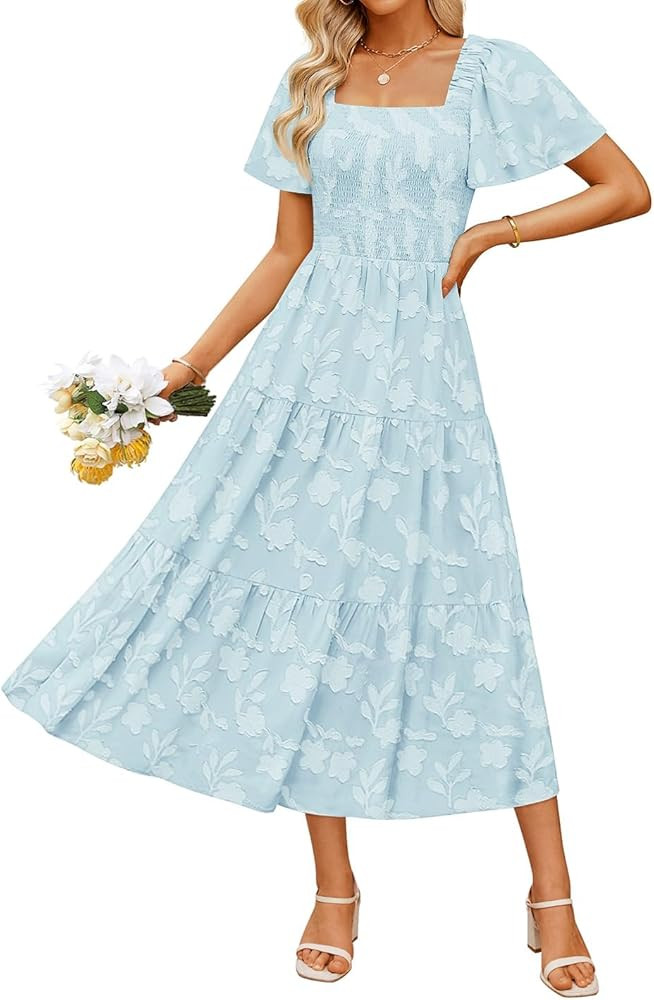 ZESICA Women‘s Summer Boho Floral Midi Dress 2026 Casual Short Sleeve Square Neck Flowy Beach V... | Amazon (US)