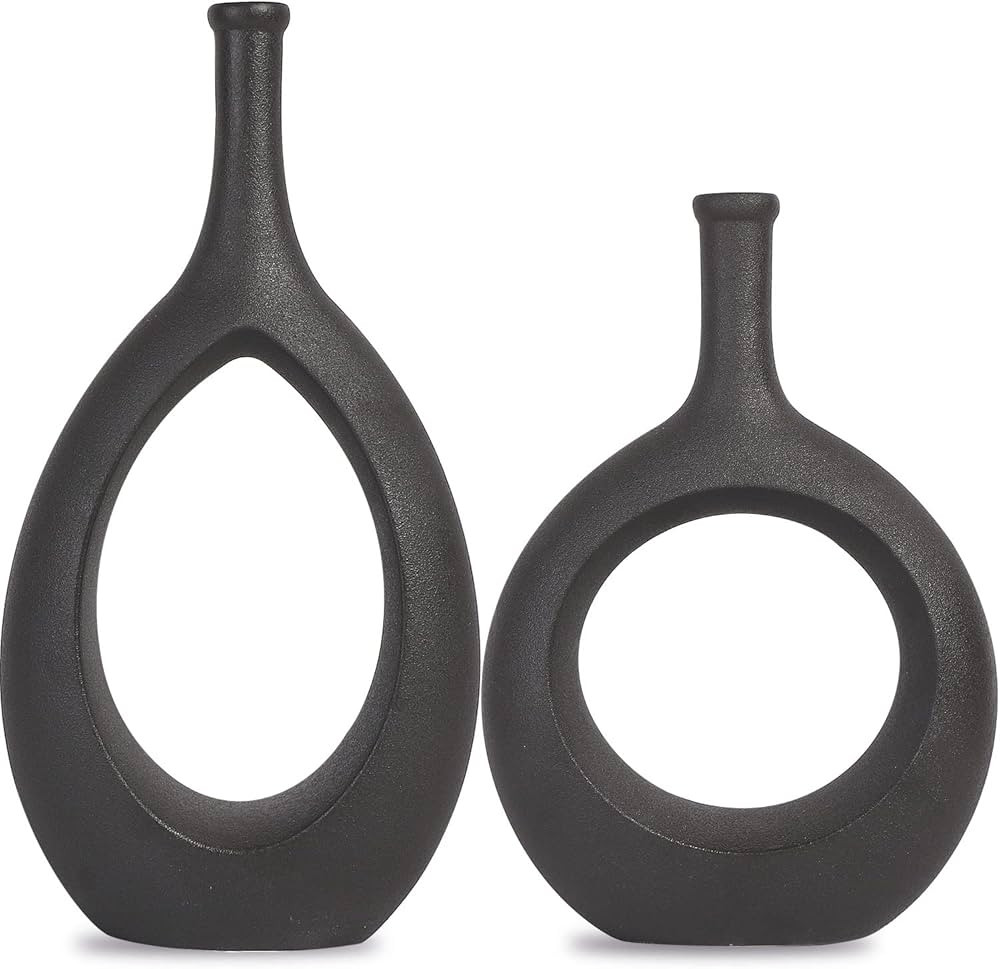 SANFERGE Set of 2 Black Ceramic Flower Vase, Hollow Oval Vase for Home Décor Office Decoration, ... | Amazon (US)
