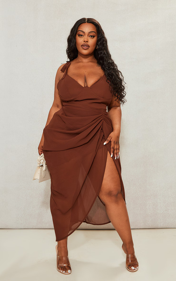 Plus Chocolate Underwire Detail Draped Midi Dress | Plus Size | PrettyLittleThing US