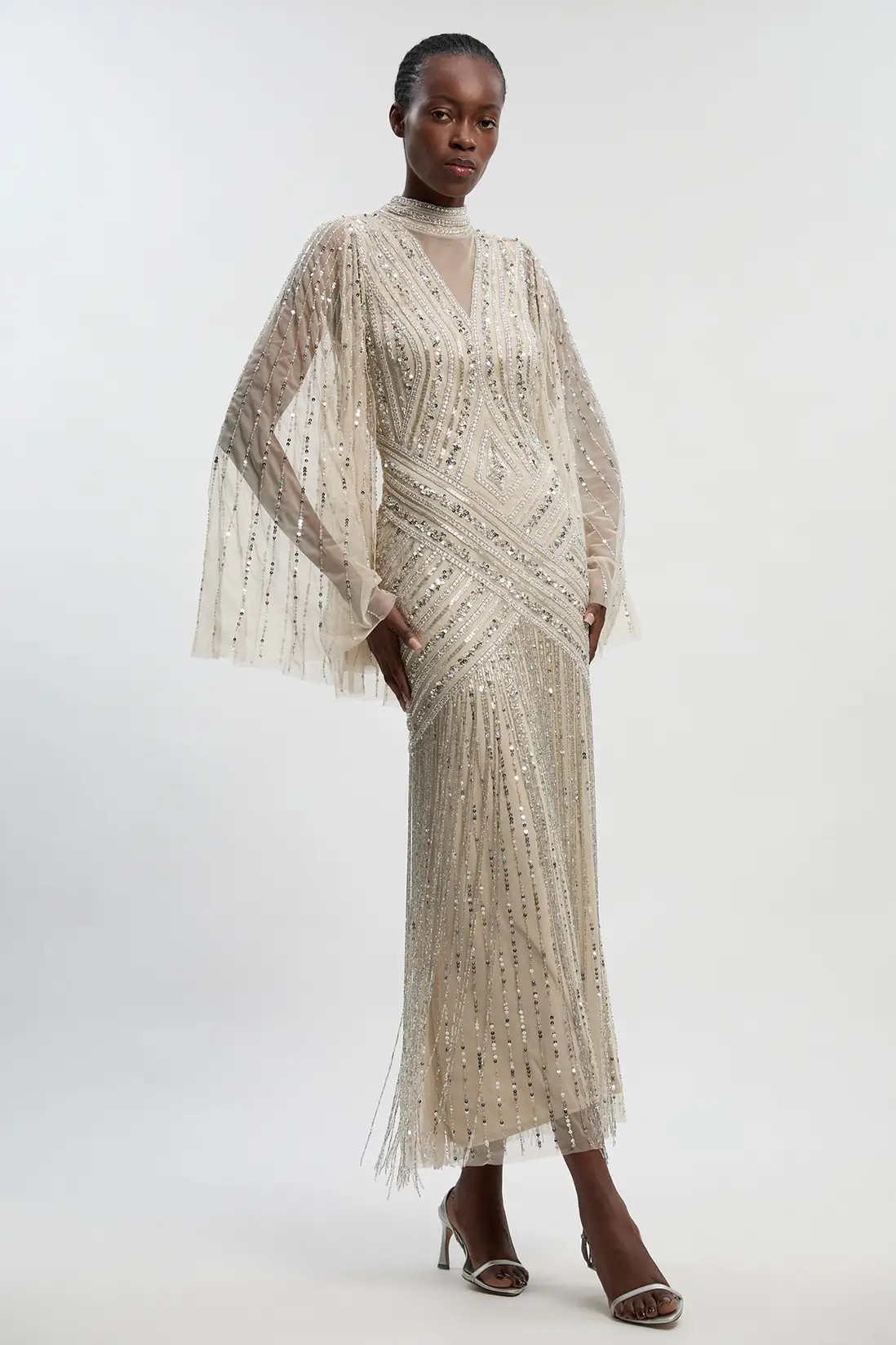 Embellished Woven Maxi Dress With Cape Sleeve | Karen Millen UK + IE + DE + NL