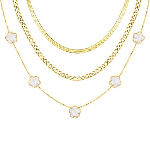Gold Layered Necklace for Women - 3Pcs 18K Gold Plated Floral Necklaces, Stainless Steel Stackable Cuban Chain Non Tarnish Trendy Jewelry, Herringbone Chokers Christmas Birthday Gift for Girlfriend | Amazon (US)