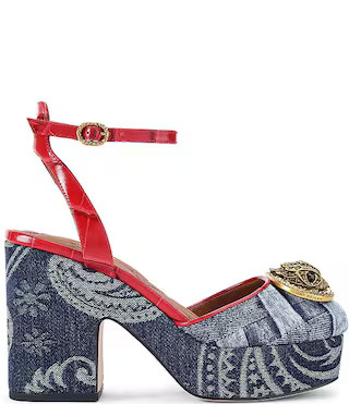 Kurt Geiger London Chelsea Paisley Denim Logo Ornament Croco Ankle Strap Platform Pumps | Dillard... | Dillard's