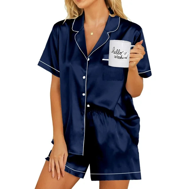 DAKIMOE Womens Silky Satin Pajama Set Short Sleeve Shirt with Shorts 2 Piece Pjs Sets Soft Silk S... | Walmart (US)