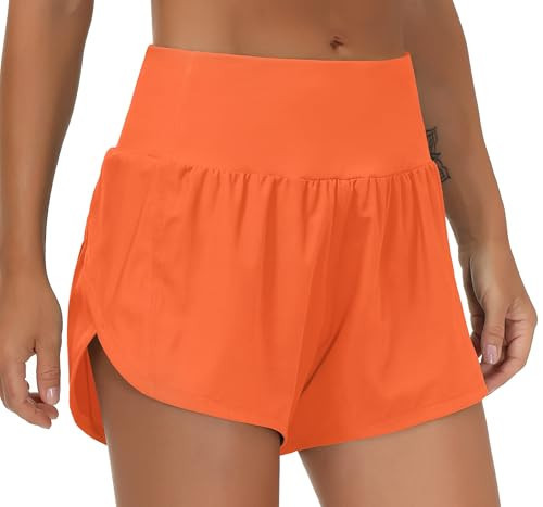 THE GYM PEOPLE Womens High Waisted Running Shorts Quick Dry Athletic Workout Shorts with Mesh Liner Zipper Pockets Orange | Amazon (US)