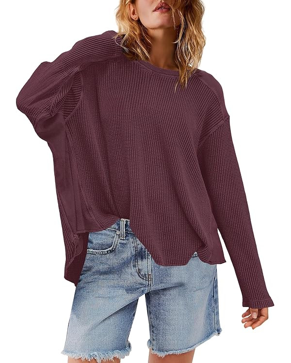 Yanekop Womens Waffle Knit Tops Long Sleeve Tunic Top Oversized T Shirts Crewneck Casual Pullover... | Amazon (US)