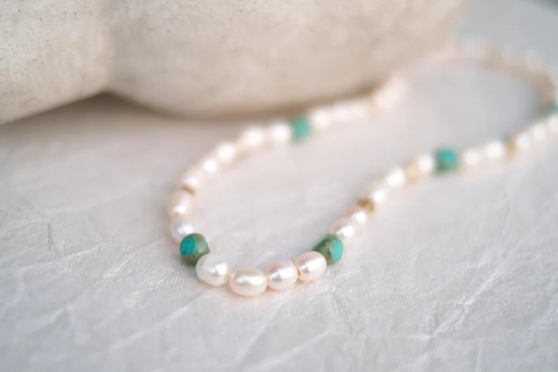 Beaded Necklace with Freshwater Pearls 18K Gold Clasp - Gifts for Him/Her - Sea Green Dainty Chok... | Etsy (US)